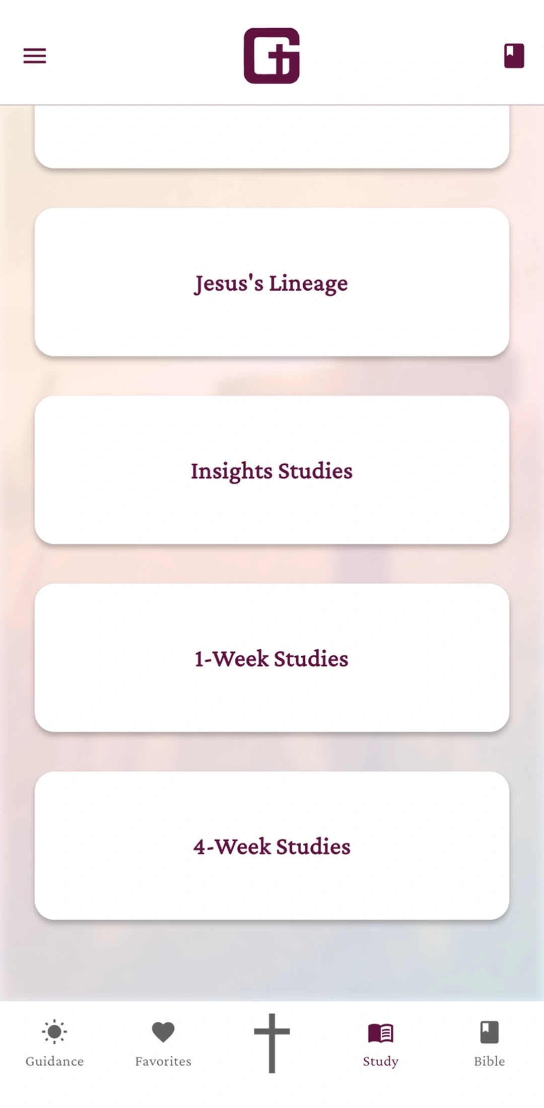 Studies screen showing multi-week study options